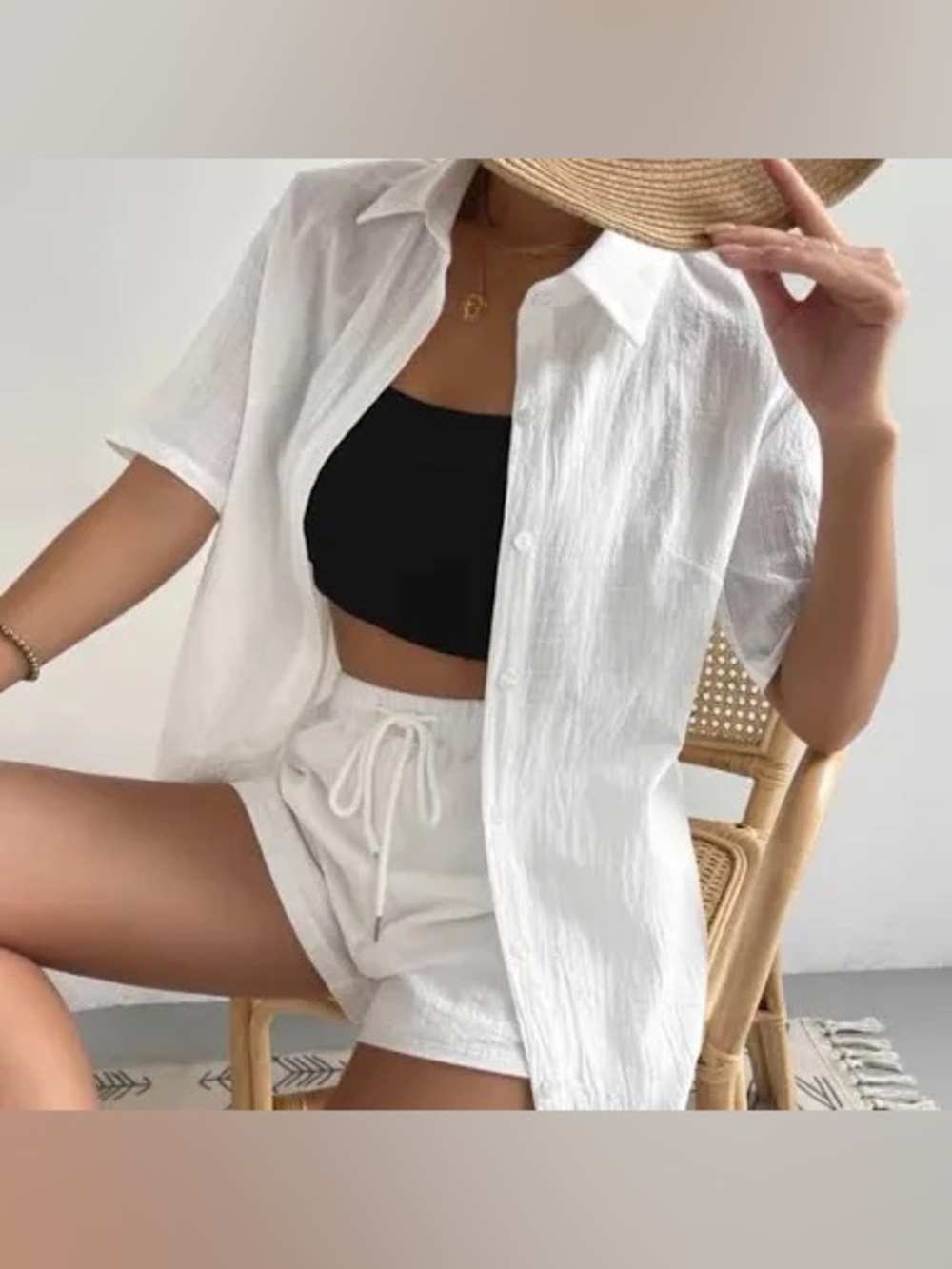 White Matching button up and Shorts Set Like New